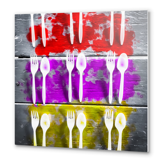 fork and spoon with splash painting texture abstract background in pink red yellow Metal prints by Timmy333