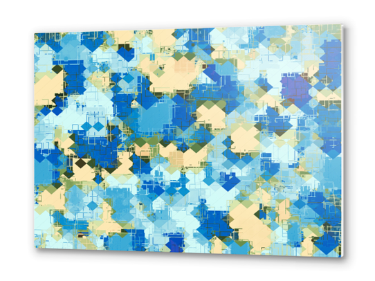 geometric square pixel pattern abstract in blue and yellow Metal prints by Timmy333