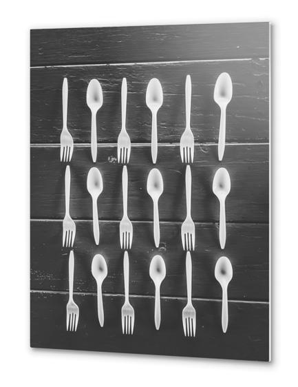 forks and spoons on the wooden table in black and white Metal prints by Timmy333