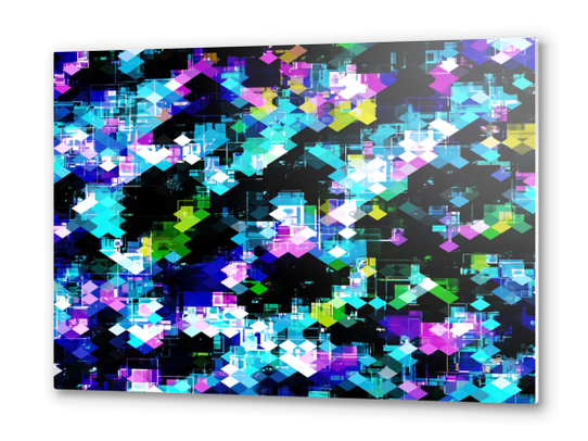 psychedelic geometric square pixel pattern abstract background in blue pink yellow Metal prints by Timmy333