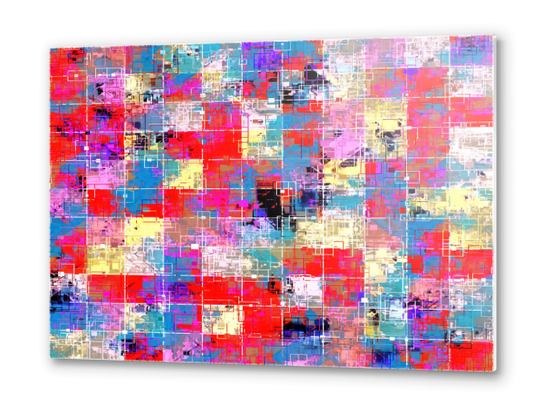 psychedelic geometric square pixel pattern abstract background in red pink blue yellow Metal prints by Timmy333