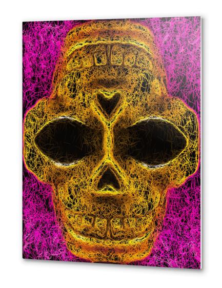 psychedelic geometric painting golden skull head portrait with pink background Metal prints by Timmy333