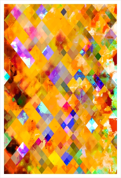 geometric pixel square pattern abstract in orange yellow blue Art Print by Timmy333