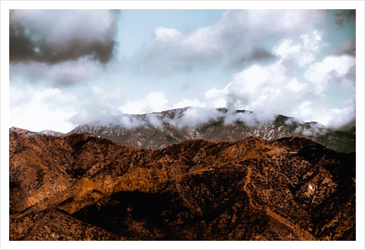 View from the hiking trail with mountain view and blue cloudy sky to Hollywood sign Los Angeles California USA Art Print by Timmy333