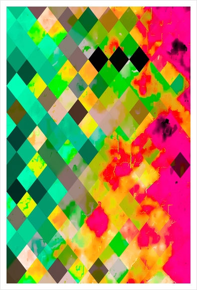 geometric pixel square pattern abstract art in green pink yellow Art Print by Timmy333