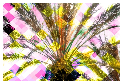 palm tree with geometric pixel square pattern abstract in pink yellow Art Print by Timmy333