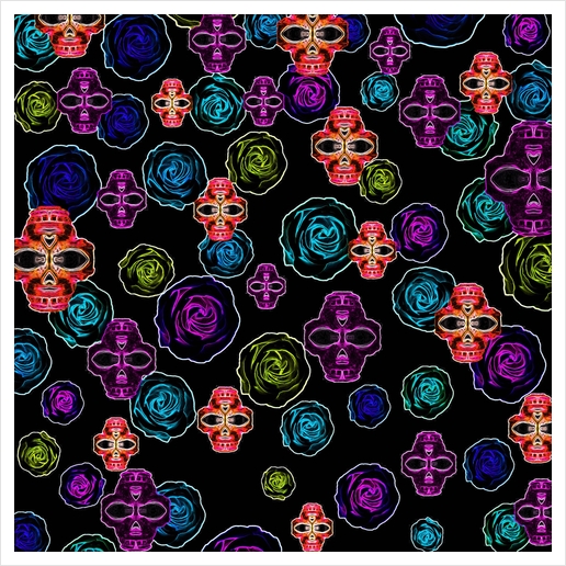 skull art portrait and roses in pink purple blue yellow with black background Art Print by Timmy333