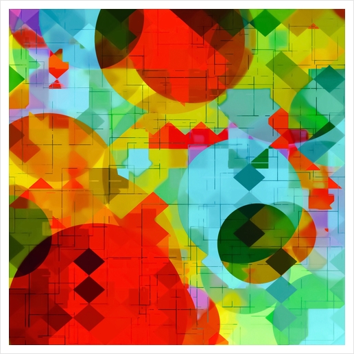 geometric square pixel and circle pattern abstract in red blue yellow Art Print by Timmy333