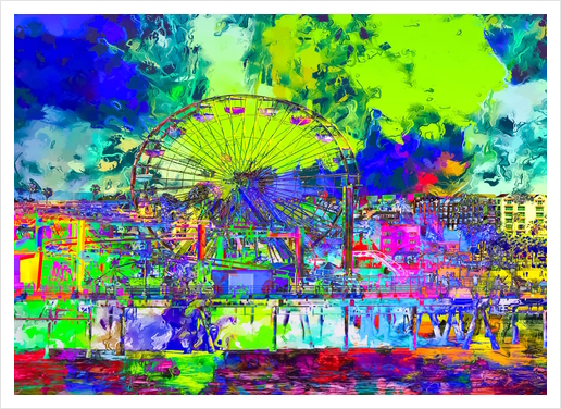 ferris wheel and buildings at Santa Monica pier, USA with colorful painting abstract background Art Print by Timmy333