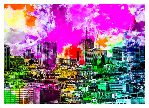 building in the city at San Francisco, USA with colorful painting abstract background Art Print by Timmy333