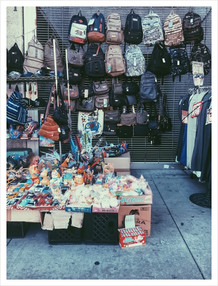 backpack and toy shop on the footpath Art Print by Timmy333