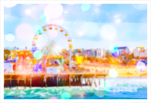 Santa Monica pier, California, USA with colorful bokeh abstract Art Print by Timmy333