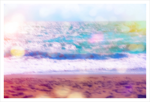 sandy beach with blue wave and summer light bokeh background Art Print by Timmy333