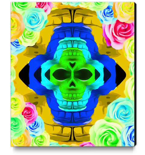 funny skull portrait with colorful roses in pink blue yellow green Canvas Print by Timmy333