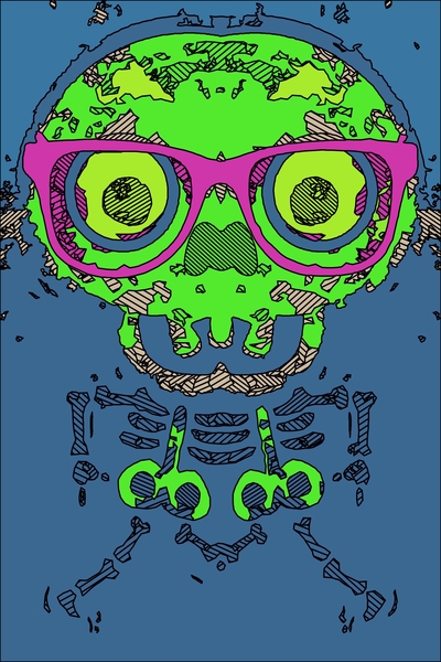 green funny skull art portrait with pink glasses and blue background by Timmy333