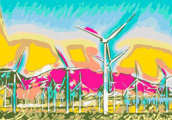 wind turbine in the desert with mountain background by Timmy333