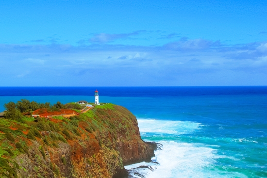 lighthouse on the green mountain with blue ocean and blue sky view at Kauai, Hawaii, USA by Timmy333