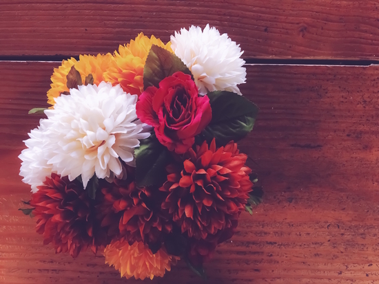 red rose and yellow white and brown flower with wood background by Timmy333