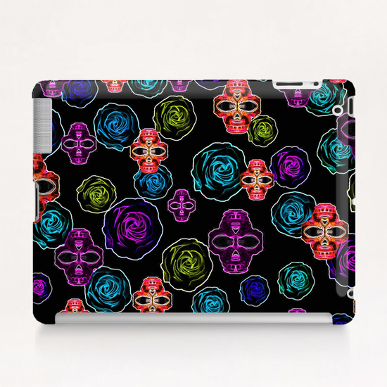 skull art portrait and roses in pink purple blue yellow with black background Tablet Case by Timmy333