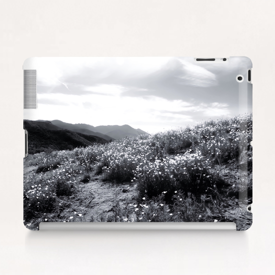 poppy flower field with mountain and cloudy sky in black and white Tablet Case by Timmy333