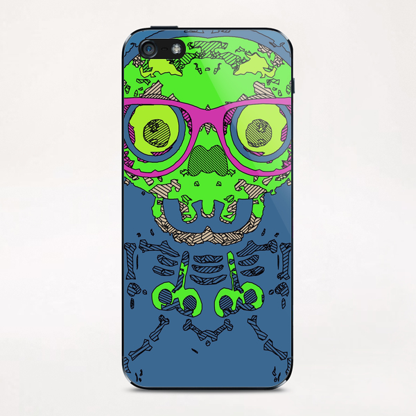 green funny skull art portrait with pink glasses and blue background iPhone & iPod Skin by Timmy333