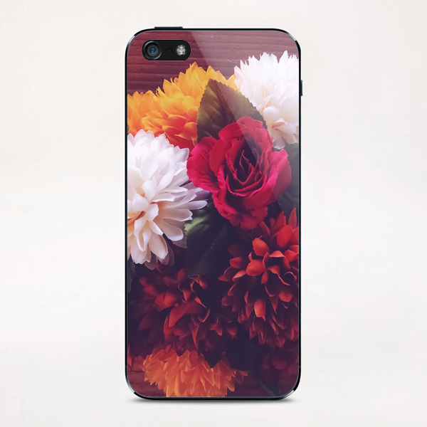 red rose and yellow white and brown flower with wood background iPhone & iPod Skin by Timmy333