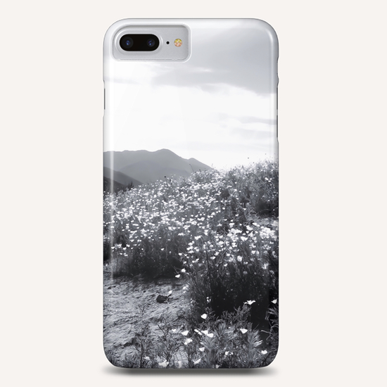 poppy flower field with mountain and cloudy sky in black and white Phone Case by Timmy333