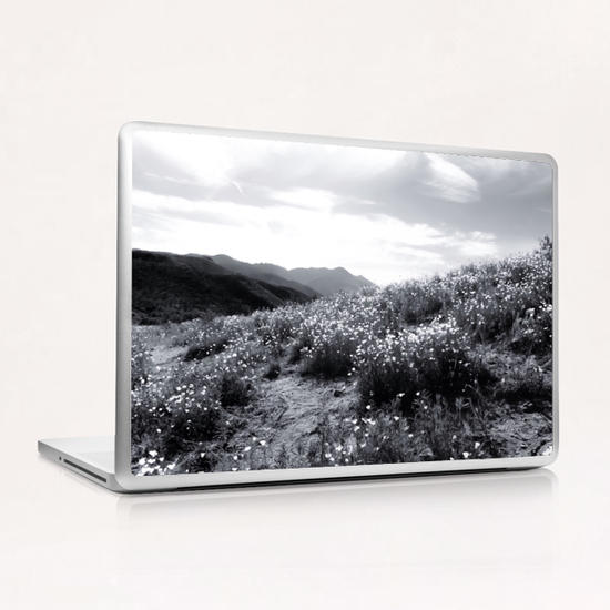 poppy flower field with mountain and cloudy sky in black and white Laptop & iPad Skin by Timmy333