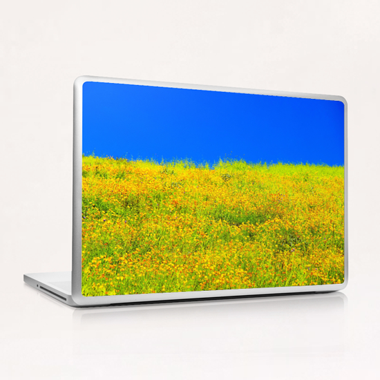 yellow poppy flower field with green leaf and clear blue sky Laptop & iPad Skin by Timmy333