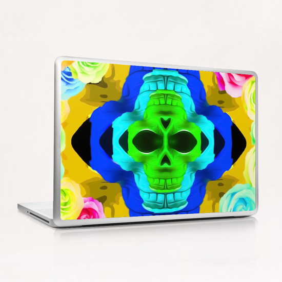 funny skull portrait with colorful roses in pink blue yellow green Laptop & iPad Skin by Timmy333