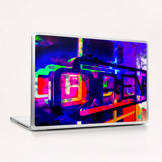 OPEN neon sign with pink purple red and blue painting abstract background Laptop & iPad Skin by Timmy333