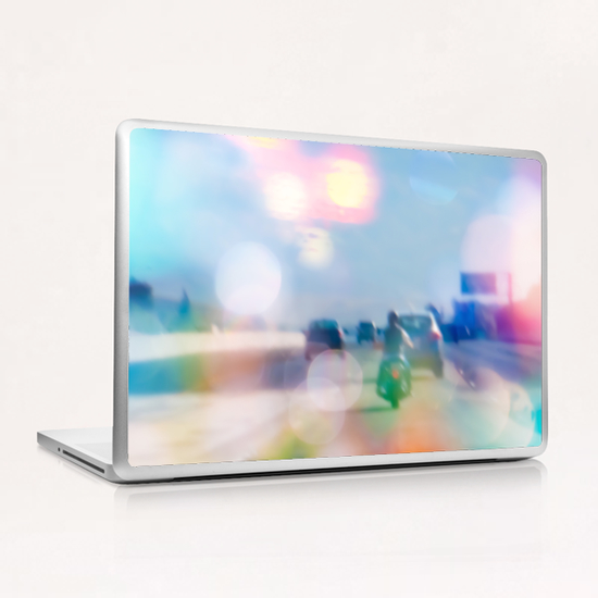 car and motorcycle on the road in the city with bokeh light Laptop & iPad Skin by Timmy333