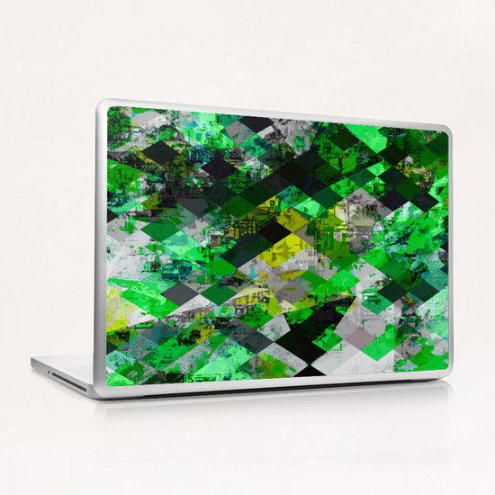 vintage psychedelic geometric square pixel pattern abstract in green and yellow Laptop & iPad Skin by Timmy333